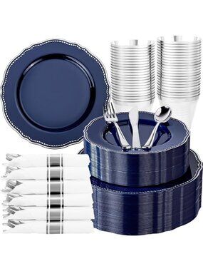 350 Pcs Blue & Silver Plastic Plates for Weddings, Parties & Events - Durable